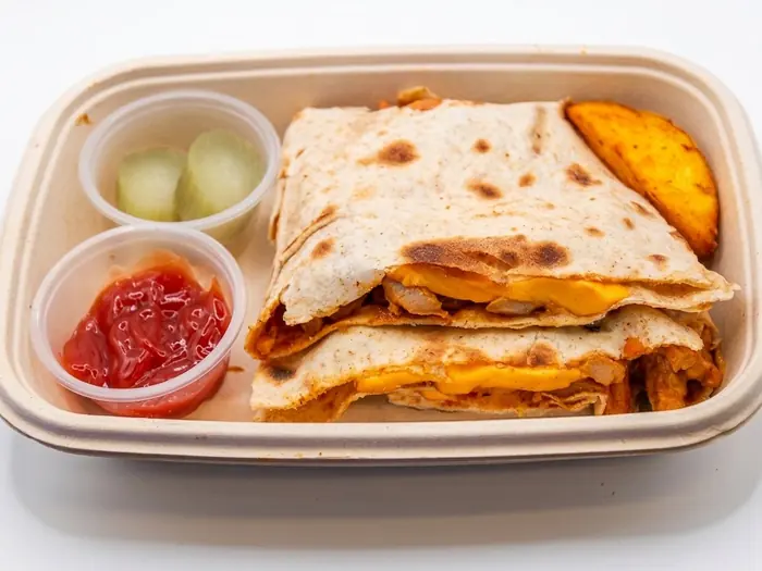 Chicken Quesadilla — Healthy Version, Olaya, Al Khobar Chicken quesadilla with melted cheese and a potato wedge