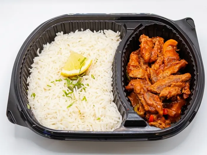 Chilli Buffalo Chicken — Healthy Version, Olaya, Al Khobar Chilli buffalo chicken with white rice and lemon