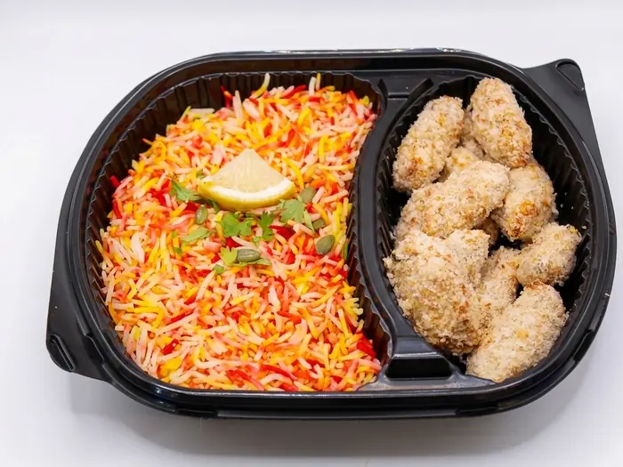 Crispy Chicken Kebab — Healthy Version, Olaya, Al Khobar Crispy chicken kebab bites with spiced basmati rice