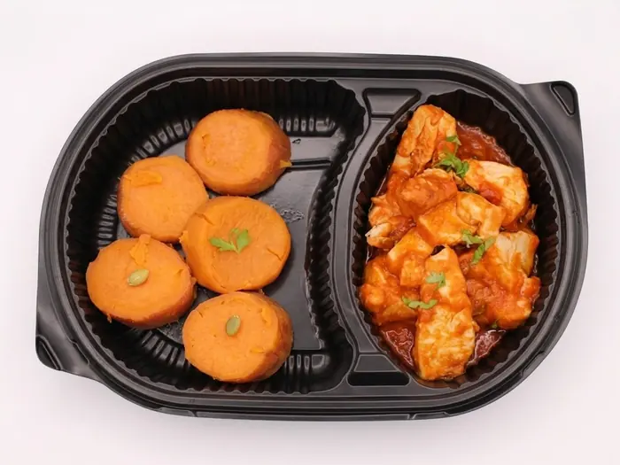Fish in Tomato Sauce — Healthy Version, Olaya, Al Khobar White fish simmered in tomato sauce with roasted sweet potato