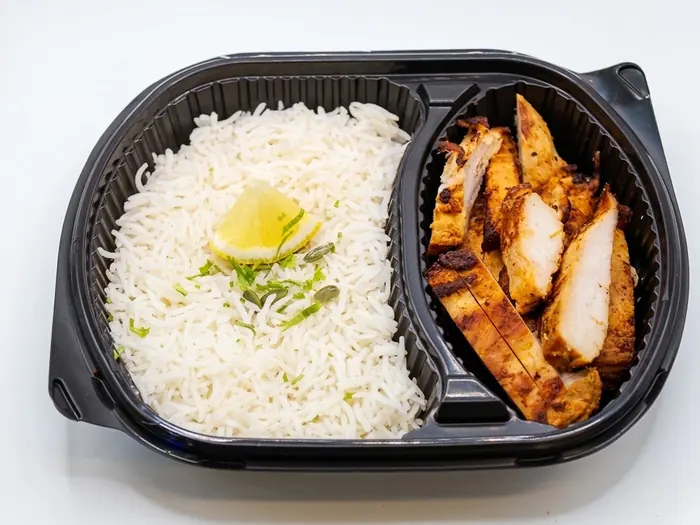 Grilled Chicken — Healthy Version, Olaya, Al Khobar Grilled chicken breast with white rice and lemon