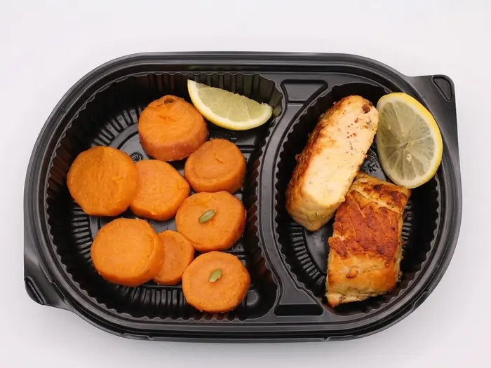 Grilled Salmon — Healthy Version, Olaya, Al Khobar Grilled salmon fillet with roasted sweet potato and lemon